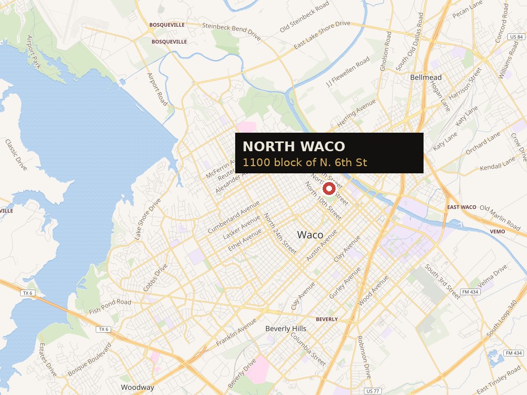 Map of North Waco, Texas, showing the 1100 block of North 6th Street