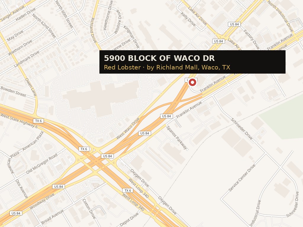 Map of the 5900 block of Waco Drive, Waco, Texas — the Red Lobster parking lot by Richland Mall