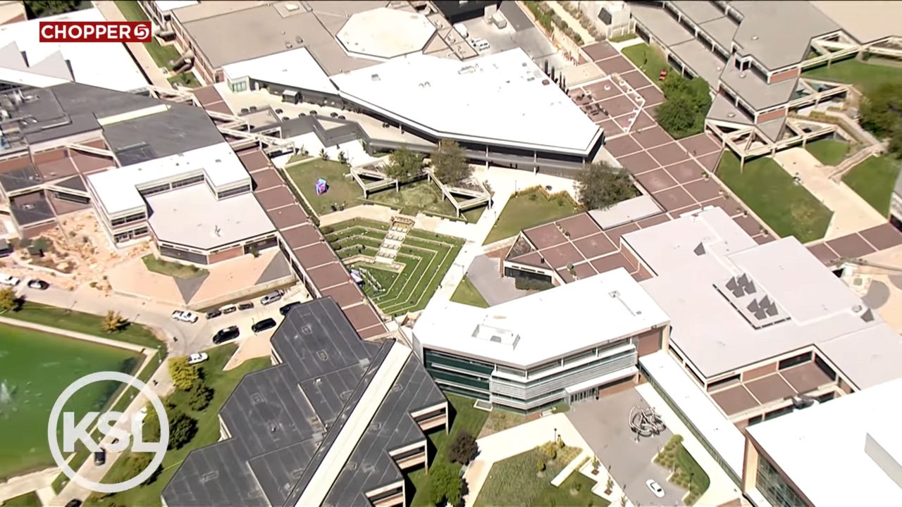 Aerial view of Utah Valley University rooftops and courtyards, September 2025